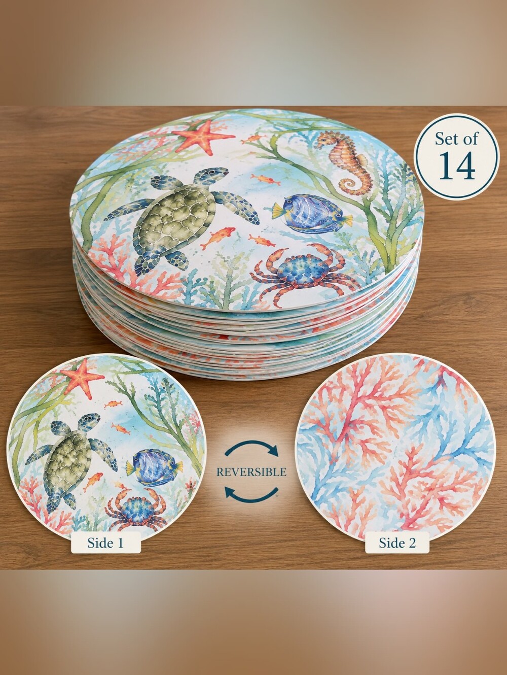 14 Reversible Coastal Outdoor Placemats – Sea Turtle Coral Beach Decor